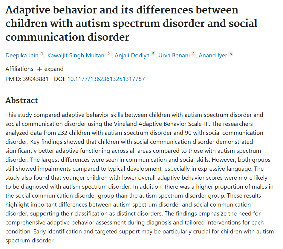 Adaptive behavior and its differences between children with autism spectrum disorder and social communication disorder